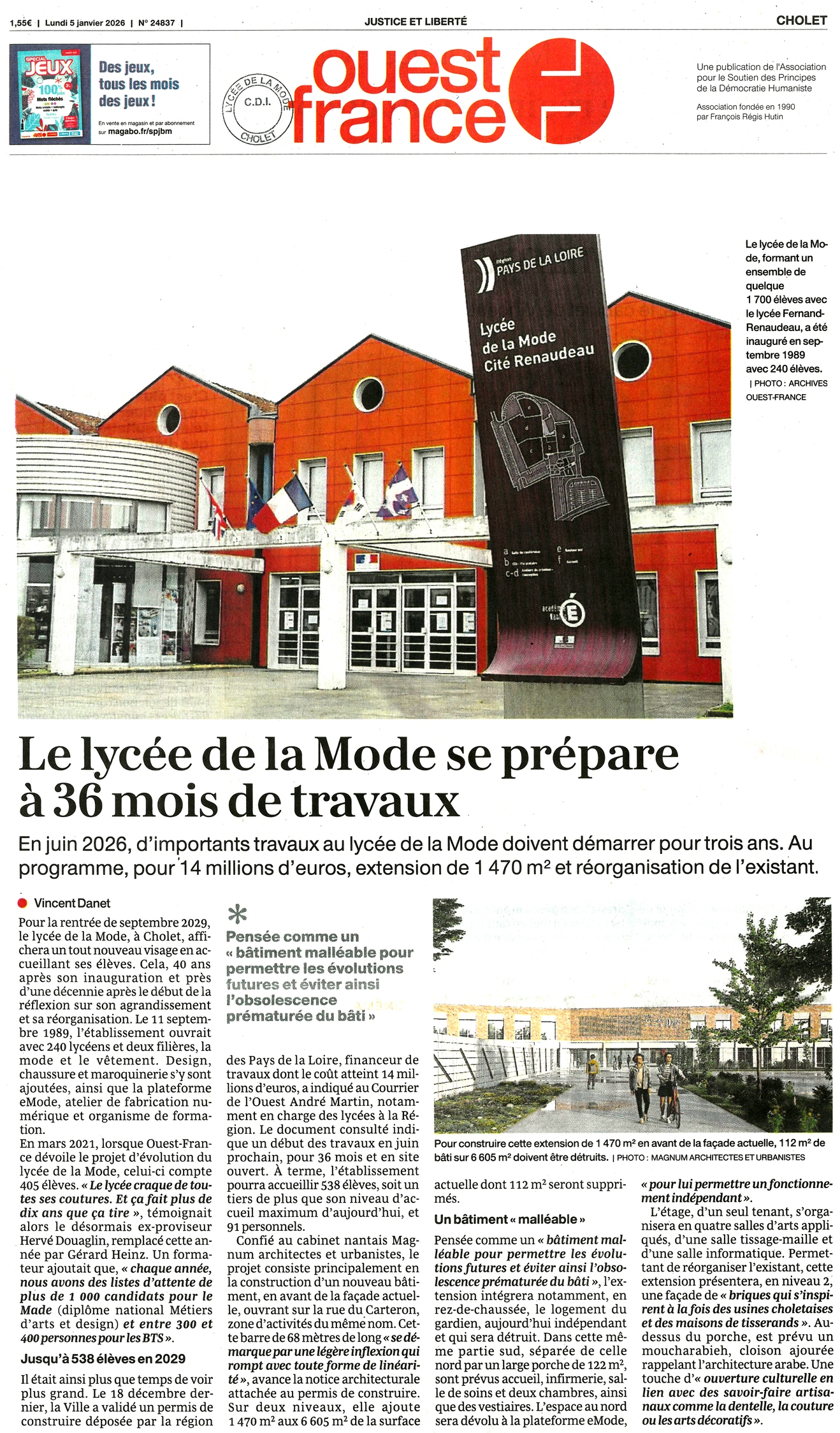 ouest france travaux au lycée de la Mode